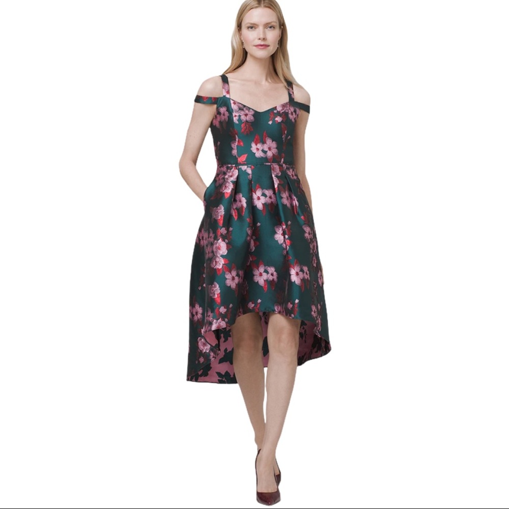 White House Black Market Dark Green Floral Cold-Shoulder High-Low Dress